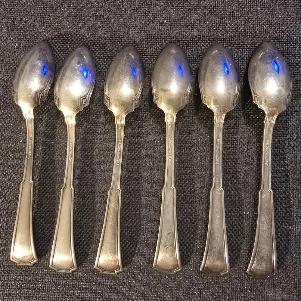 X6 Oneida GRECIAN Silverplate Dessert Spoon Rogers Greek Key Flatware 5 3/4